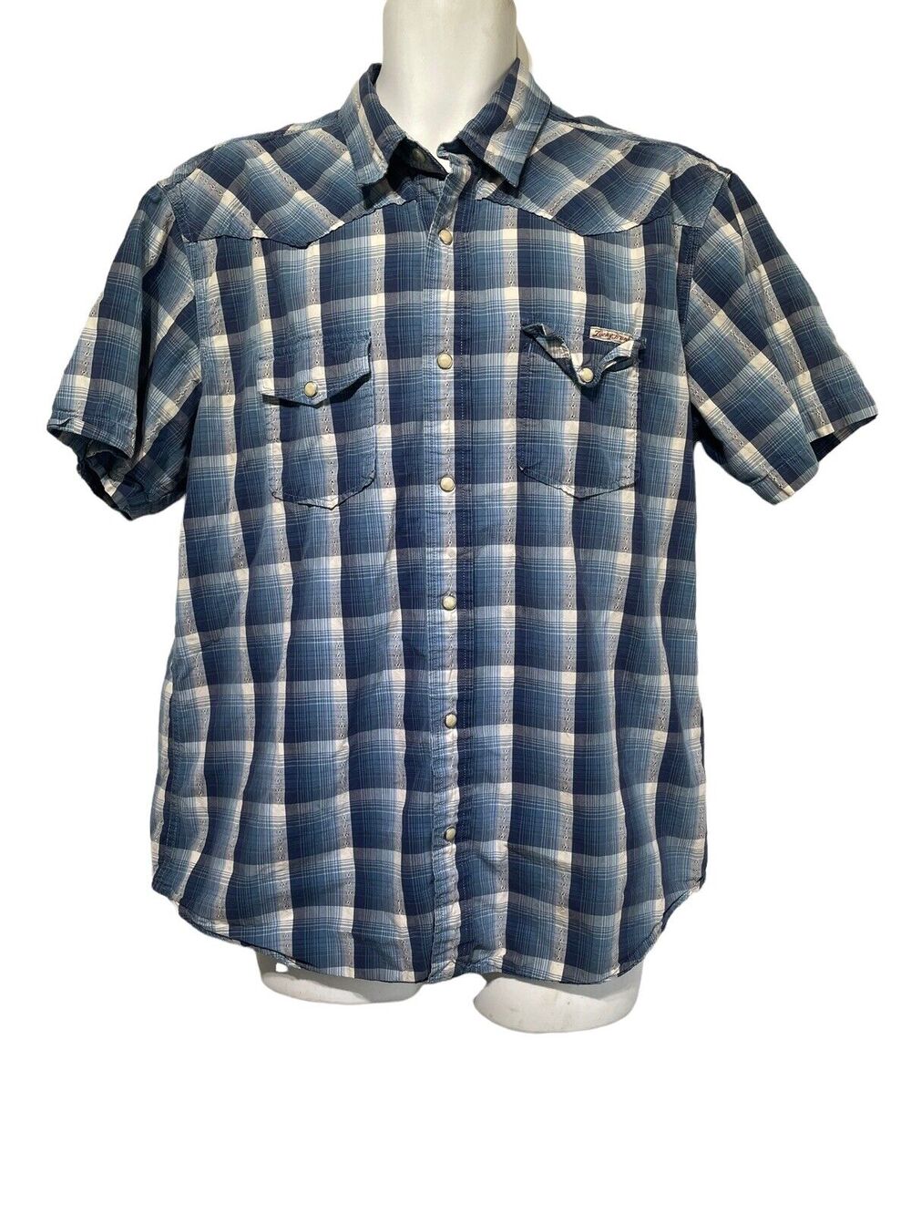 Vintage Lucky Brand Blue Plaid Square Pearl Snap Up Western Shirt Men's XL